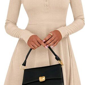 Casual Ribbed Long Sleeve Dress Women Fall Winter Empire Waist A Line